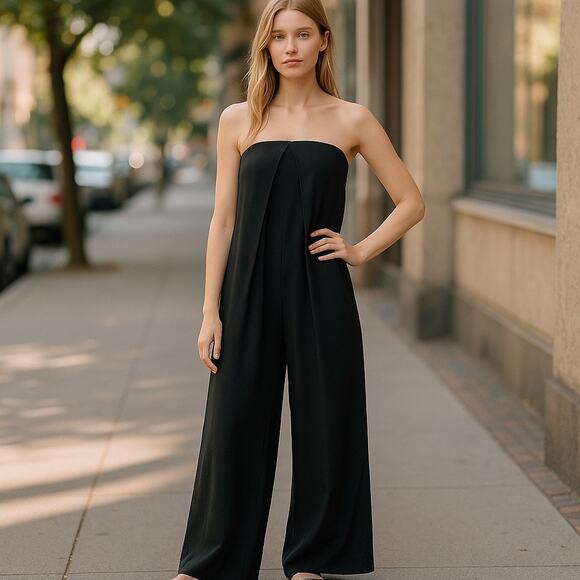 NWT Zara Boho Strapless Palazzo Wide-Leg Jumpsuit Small Black - Picture 1 of 8